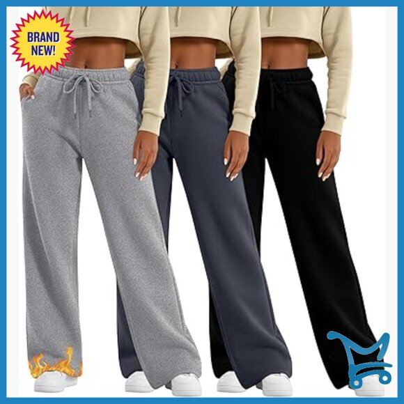 3 Pack Fleece Lined Wide Leg Sweatpants Thermal Lounge Pants with Pockets